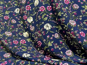 VF222-43 Physic Bouquet - Orchid and White Flowers Tossed on a Soft Navy Rayon Challis Fabric