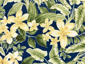 VF223-05 Hawai’i Mahalo - Designer Navy Combed Cotton Shirting Fabric with Yellow Flowers