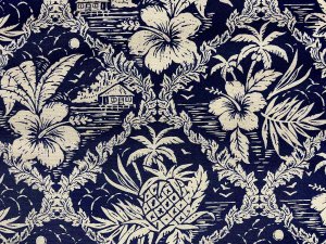 VF223-09 Deities Maui - Navy and Beige Waikiki Cotton Poplin Print Fabric from Robert Kaufman