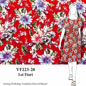 VF223-28 Lei Fiorí - Stylized Flowers on Red Rayon Challis Fabric