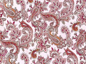 VF223-40 Monarch Paisley - Pink with White and Olive on 66” Lightweight Rayon Jersey Knit FabricVF223-40 Monarch Paisley - Pink with White and Olive on 66” Lightweight Rayon Jersey Knit Fabric