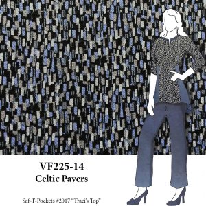 VF225-14 Celtic Pavers - Steel Blue with Grey and Black Small Geometric Design on Liverpool Crepe Knit Fabric