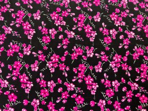 VF225-27 Moon Blossoms - Beautiful Cerise Floral Cherry Blossom Print on Black Rayon Challis Fabric