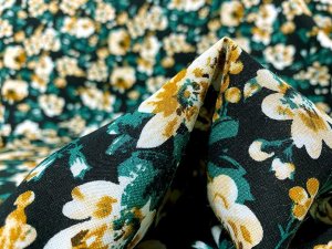 VF231-16 Luthier Flora - Hunter and Tan on Black Rayon Challis Floral Print Fabric