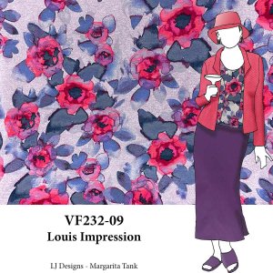 VF232-09 Louis Impression - Coral and Purple Floral Print on Muted Blue Extra Wide Rayon Jersey Fabric