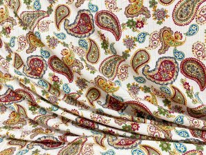 VF232-20 Catacombs Paisley - Colorful Print on a Cream All-way Stretch Rib Knit Fabric
