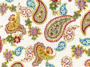 VF232-20 Catacombs Paisley - Colorful Print on a Cream All-way Stretch Rib Knit Fabric