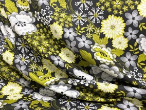 VF233-46 Climate Garden - Yellow and White Flowers Tossed on a Black Cotton Broadcloth Fabric