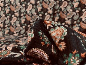 VF235-23 Structure Paisley - Autumn Colored Paisley Print on Black Rib Knit Fabric