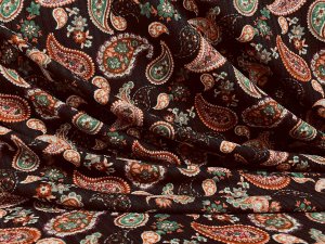 VF235-23 Structure Paisley - Autumn Colored Paisley Print on Black Rib Knit Fabric