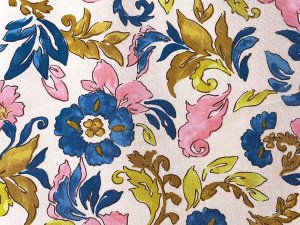 VF252-19 Shiitake Blossoms - Teal on Pink Floral Rayon Challis Fabric