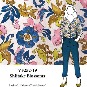 VF252-19 Shiitake Blossoms - Teal on Pink Floral Rayon Challis Fabric