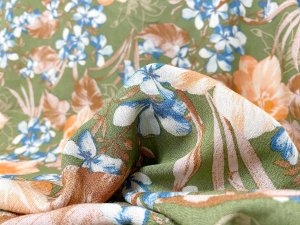 VF252-32 Turkey Mellow - Muted Floral on Avocado Textured Rayon Crepeon Fabric